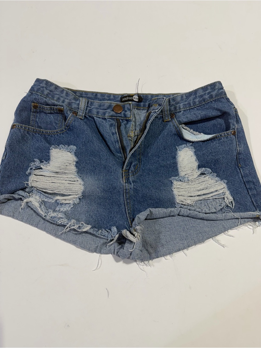 Boohoo Distressed High-Waist Denim Shorts in Medium Blue